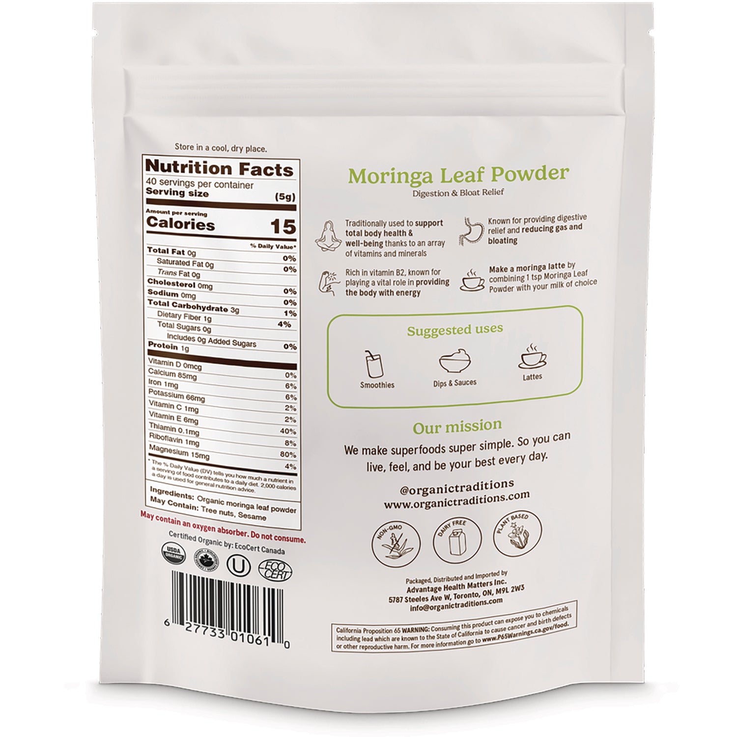 OTR102 | Back of resealable pouch of Moringa Leaf Powder showing nutrition facts, suggested uses, mission, and barcode