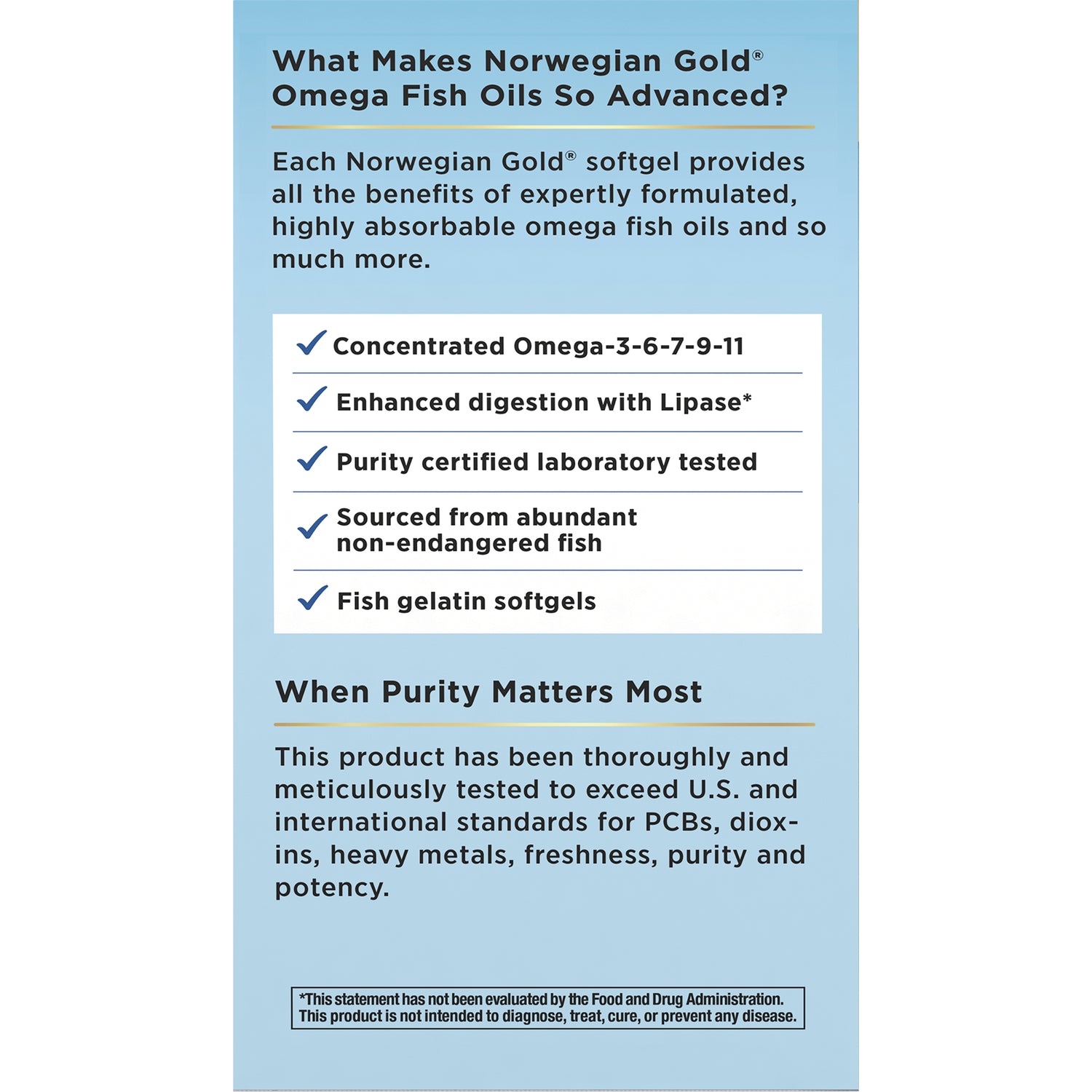 RNL253 | back panel listing concentrated Omega-3-6-7-9-11, enhanced digestion with lipase, purity testing and sustainable sourcing