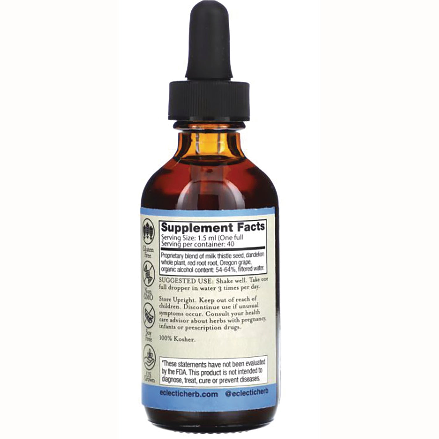 EC033 | Back of amber dropper bottle showing Supplement Facts label, usage directions, and certification icons