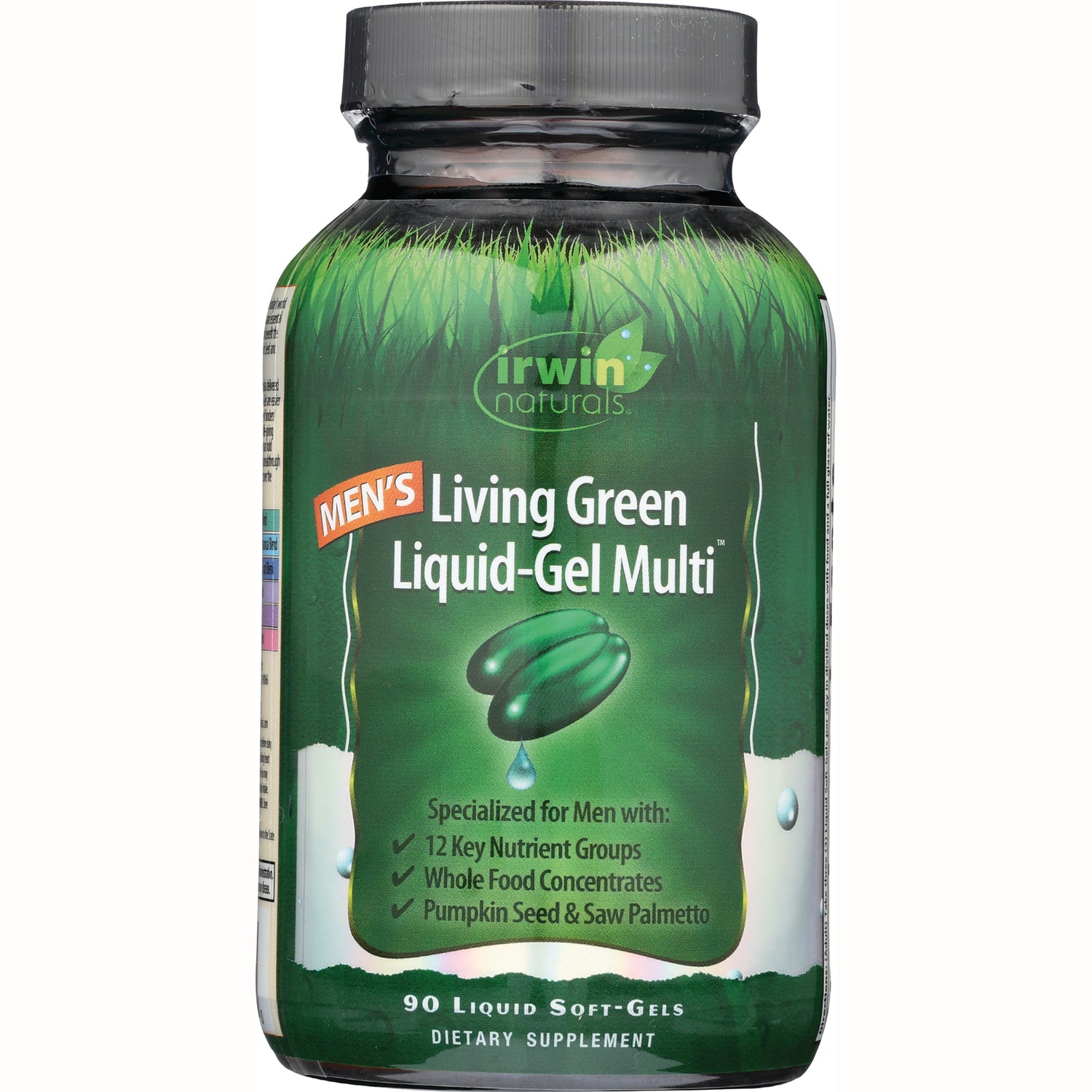 IR080 | Irwin Naturals Men's Living Green Liquid-Gel Multi bottle front label showing 90 liquid soft-gels