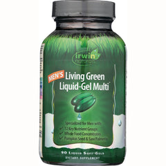 IR080 | Irwin Naturals Men's Living Green Liquid-Gel Multi bottle front label showing 90 liquid soft-gels