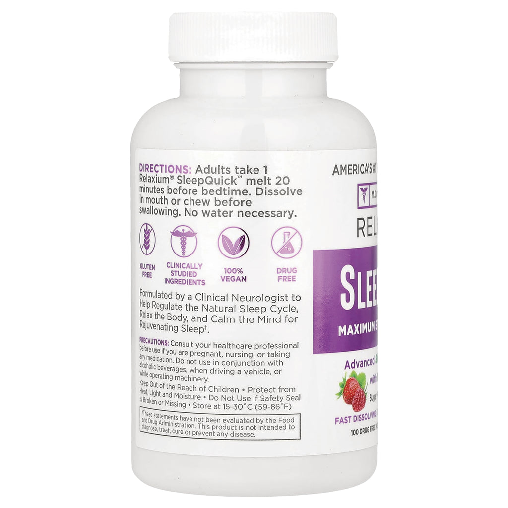 REL002 | back label of white supplement bottle showing directions, gluten free, 100% vegan and drug free icons - Thumbnail