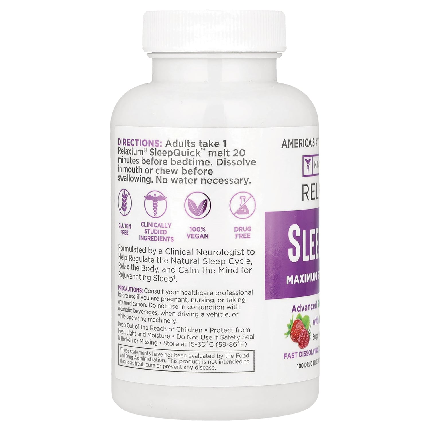 REL002 | back label of white supplement bottle showing directions, gluten free, 100% vegan and drug free icons