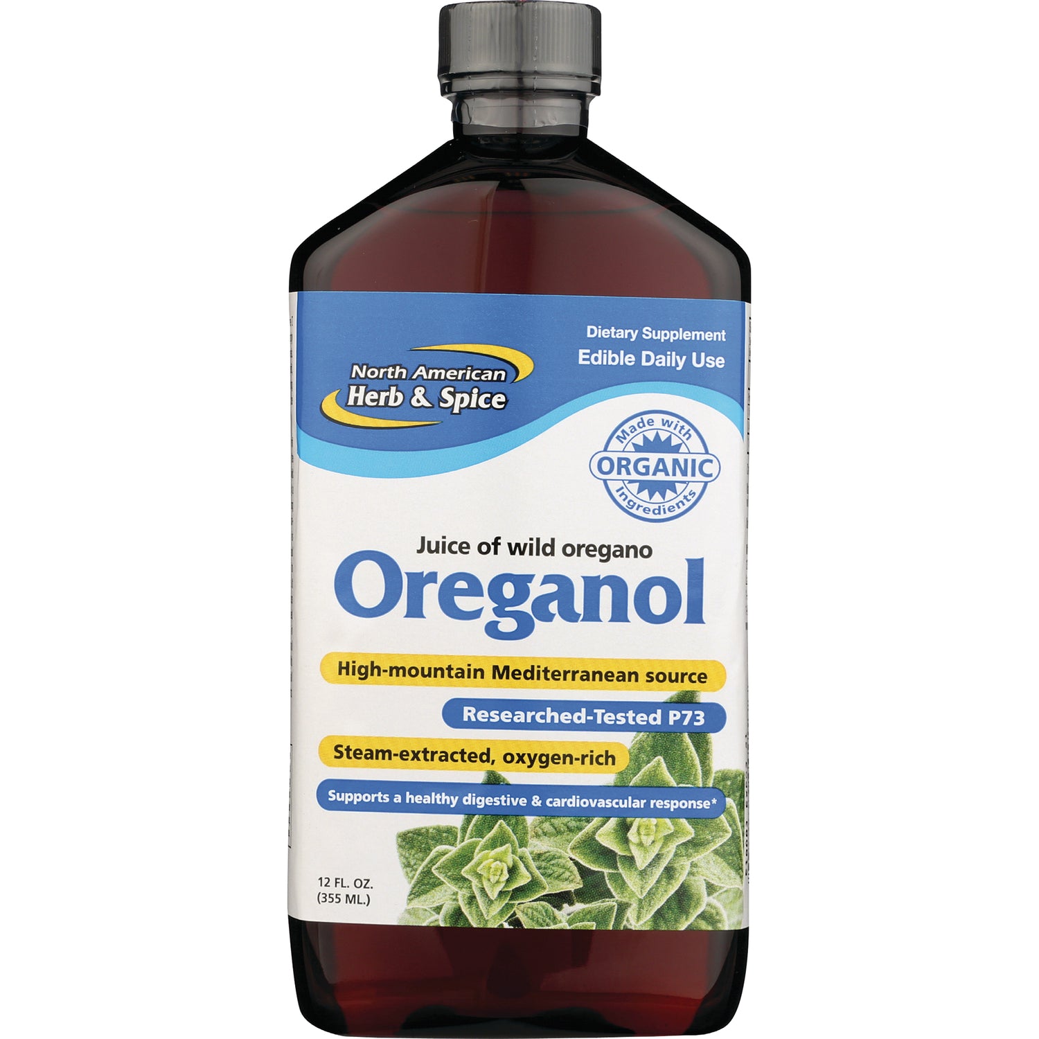 NHS006 | Oreganol wild oregano juice 12 fl oz bottle with North American Herb & Spice label, organic