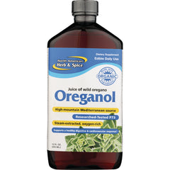 NHS006 | Oreganol wild oregano juice 12 fl oz bottle with North American Herb & Spice label, organic