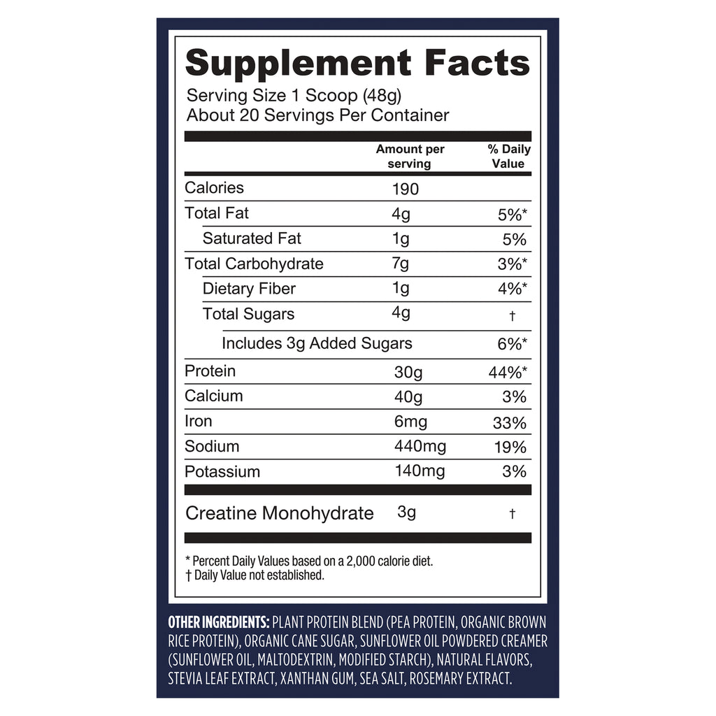 VGA009 | Supplement Facts panel with serving size 1 scoop (48g), 30g protein, 3g creatine monohydrate, ingredients list - Thumbnail