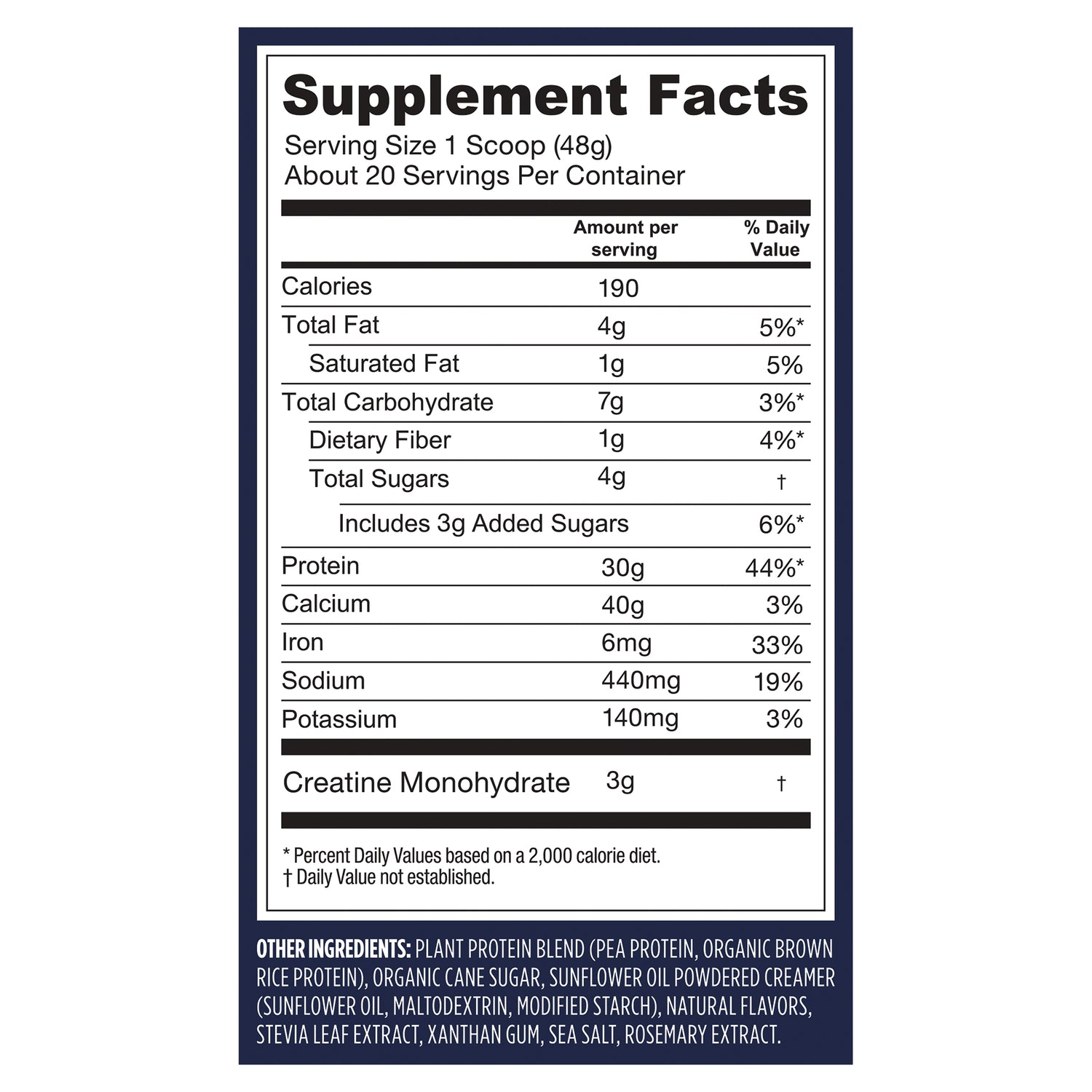 VGA009 | Supplement Facts panel with serving size 1 scoop (48g), 30g protein, 3g creatine monohydrate, ingredients list
