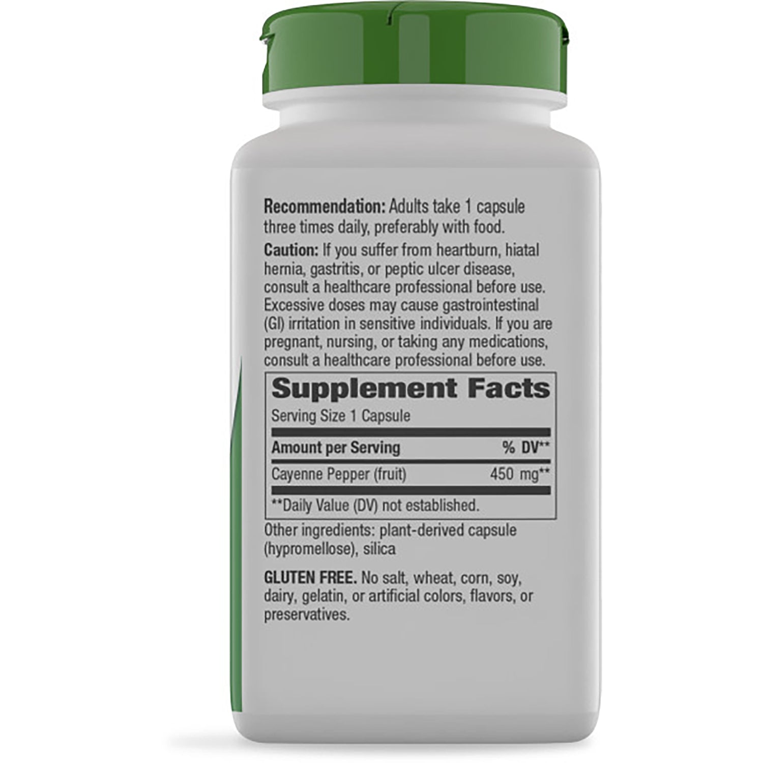 NW480 | Back of white supplement bottle showing Supplement Facts panel with Cayenne Pepper 450 mg and caution text