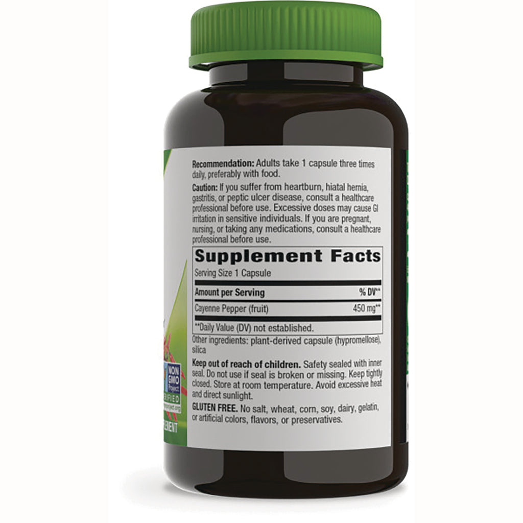 NW480 | Back of brown supplement bottle showing Supplement Facts panel with Cayenne Pepper 450 mg and caution text - Thumbnail