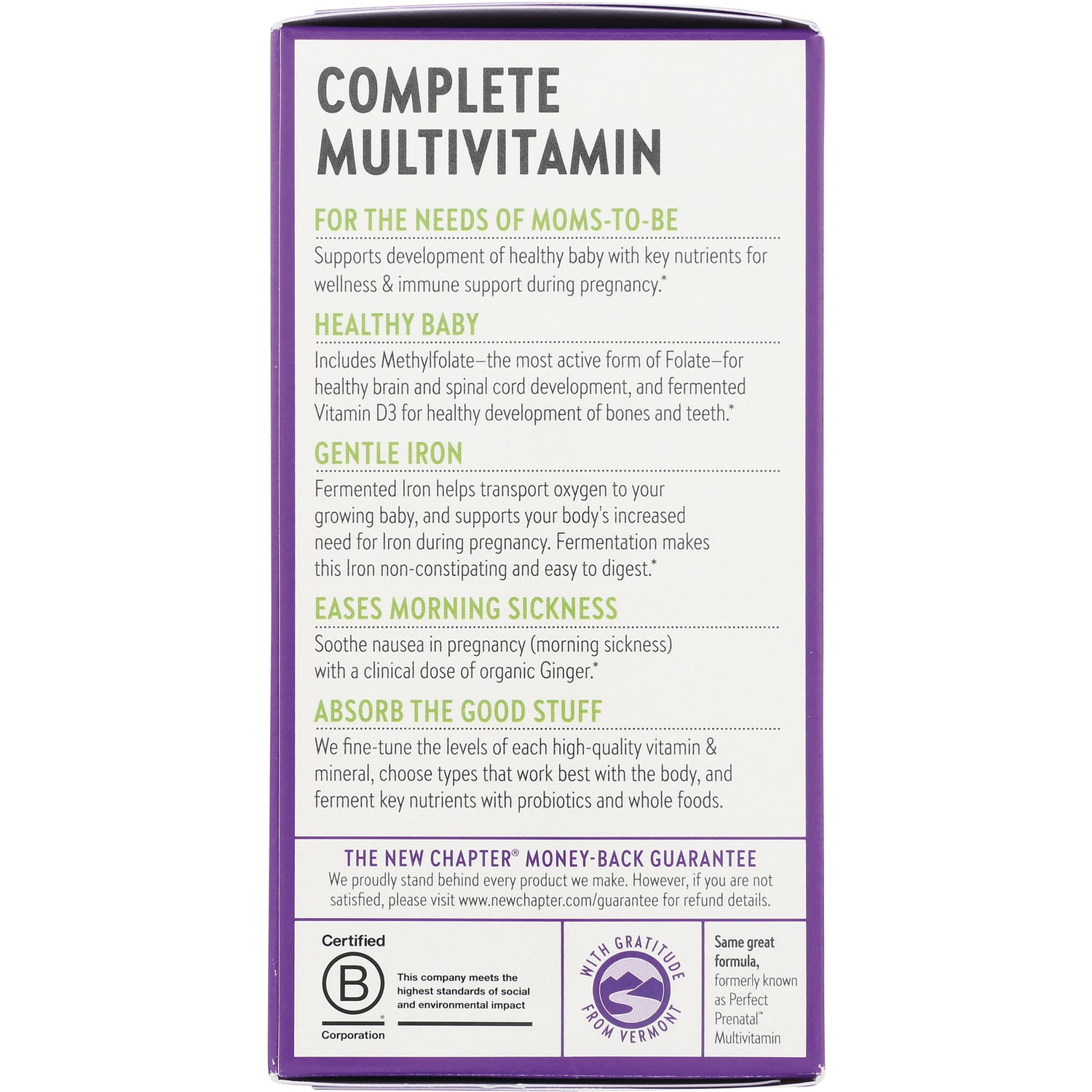 NWC147 | Product infographic for Complete Multivitamin listing benefits for moms-to-be, gentle iron, eases morning sickness