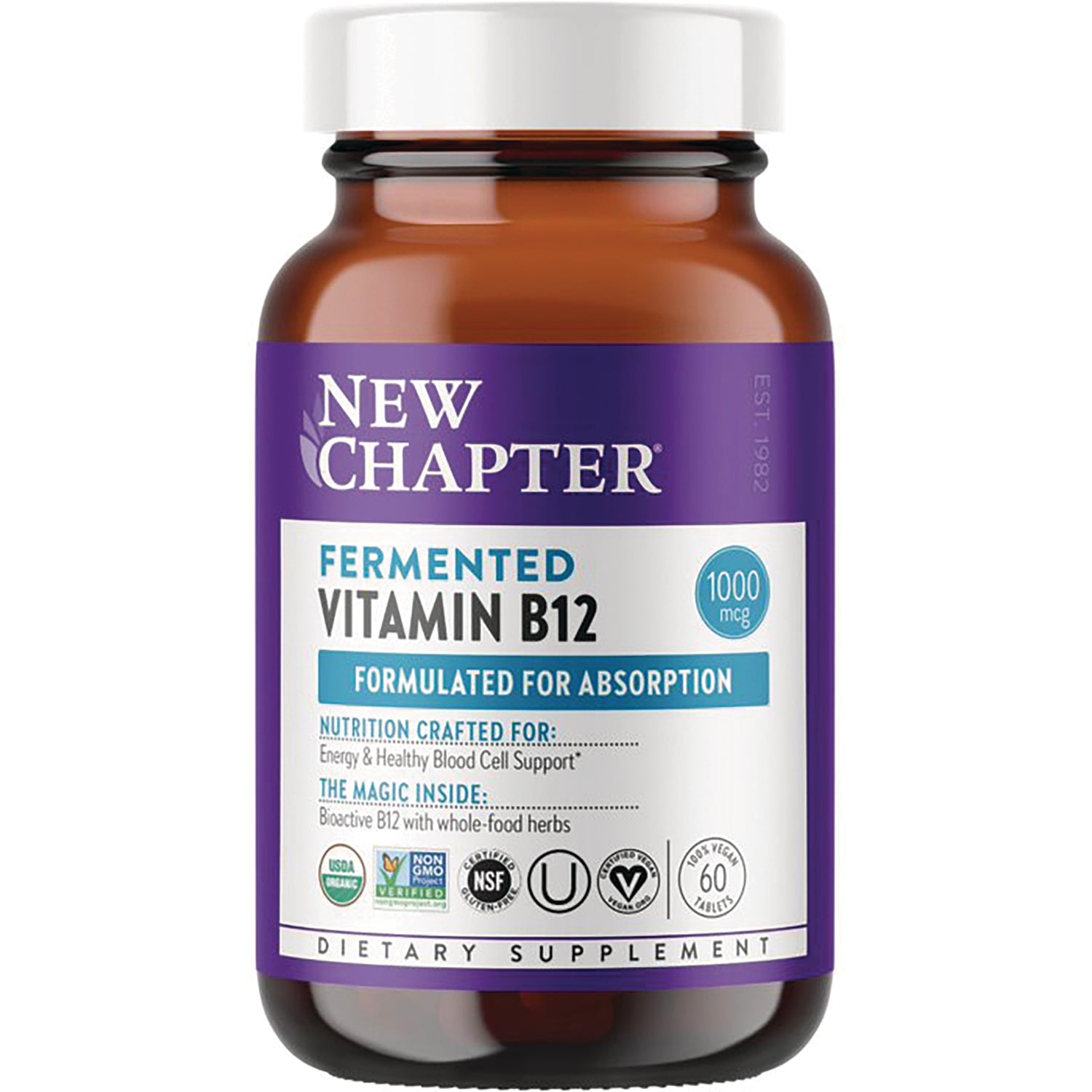 NWC346 | New Chapter fermented Vitamin B12 bottle front label 1000 mcg, 60 tablets