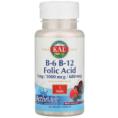 Labeled KAL B-6 B-12 Folic Acid ActivMelt berry 60 micro tablets bottle