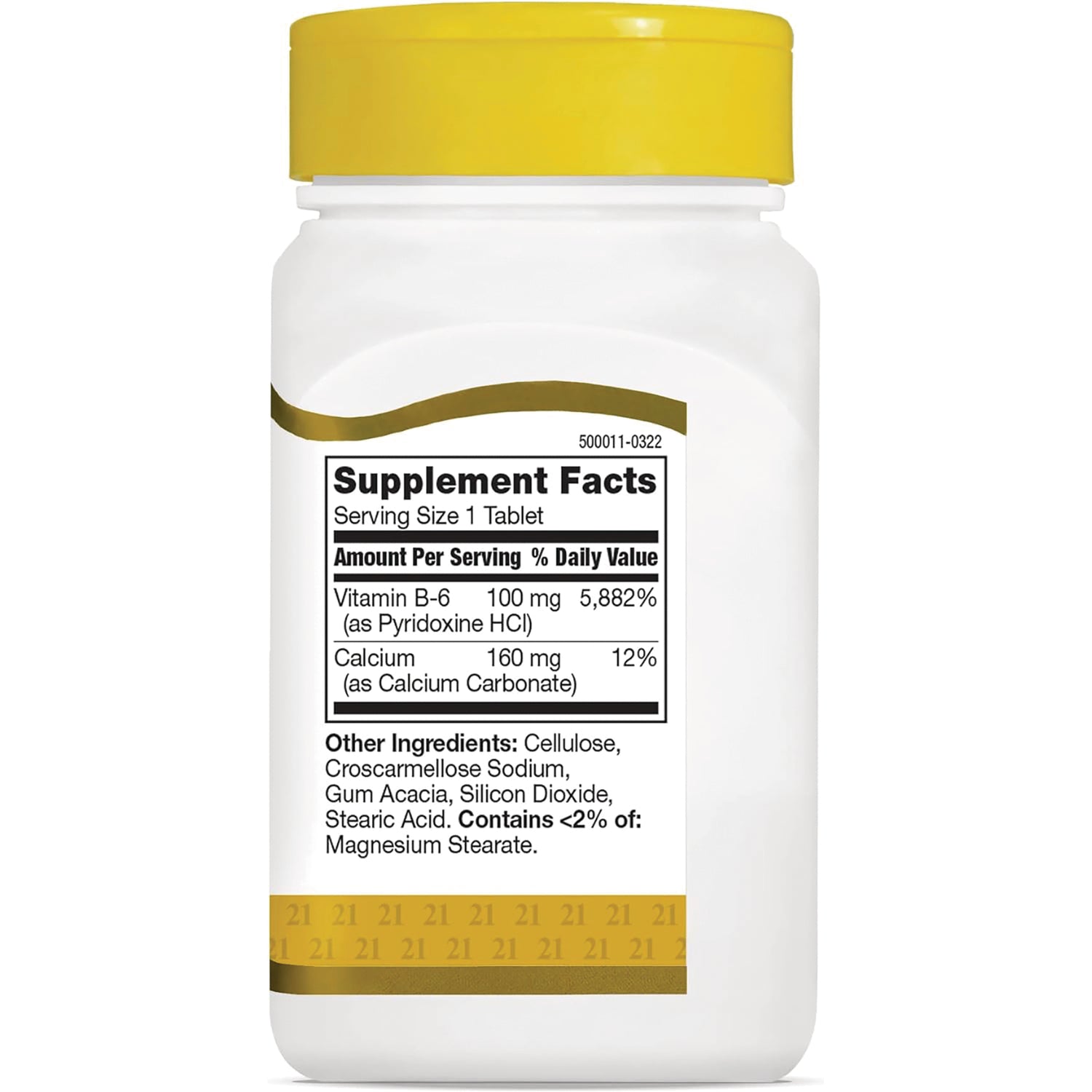 CNT170 | Back of white supplement bottle showing Supplement Facts panel listing Vitamin B-6 100 mg 5,882% and Calcium 160 mg 12%, plus other ingredients