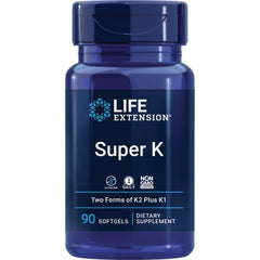LE472 | Blue Life Extension Super K bottle front label showing Super K, Two Forms of K2 Plus K1, 90 softgels dietary supplement