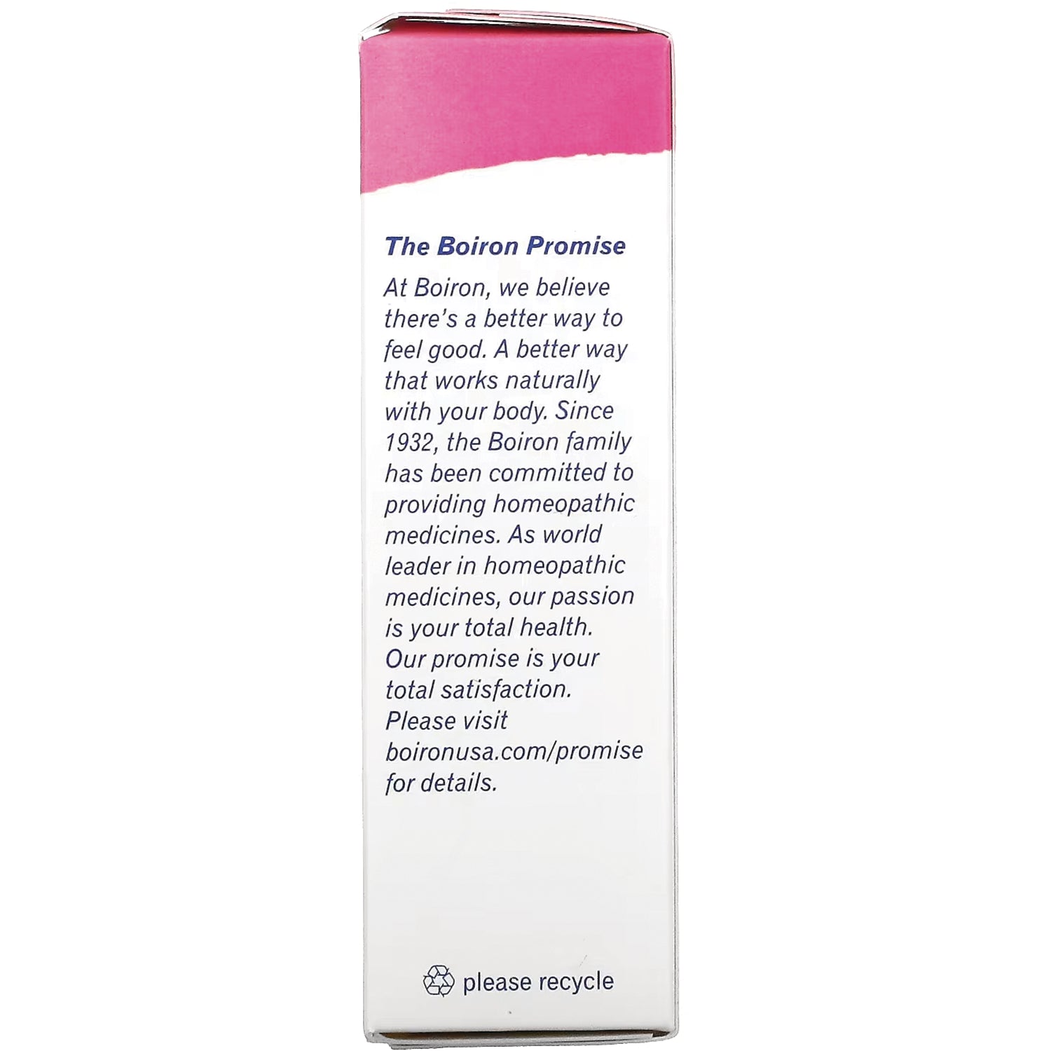 BRN025 | box side panel labeled The Boiron Promise with brand promise text and please recycle