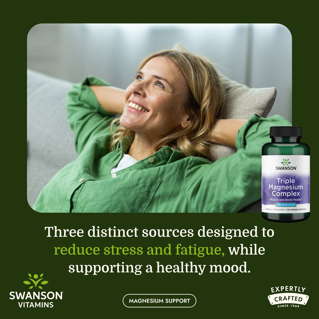 SW808 | Woman relaxing on a couch beside Swanson Triple Magnesium Complex bottle with stress support message - Thumbnail