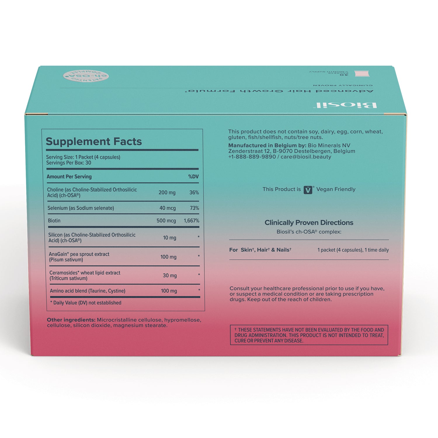 NFC217 | Back of teal and pink supplement box showing Supplement Facts panel, ingredients, and directions