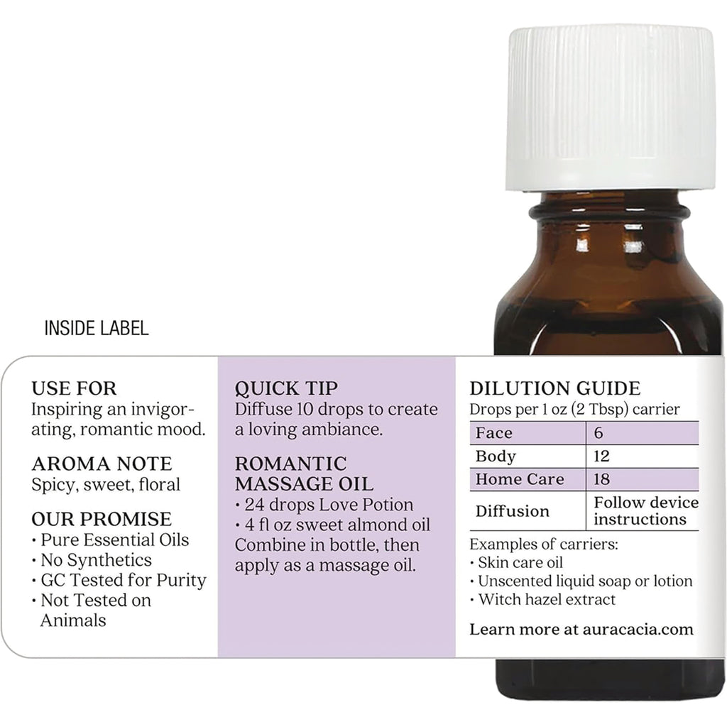 ARC045 | back label on amber essential oil bottle showing dilution guide, usage notes and romantic massage oil recipe - Thumbnail