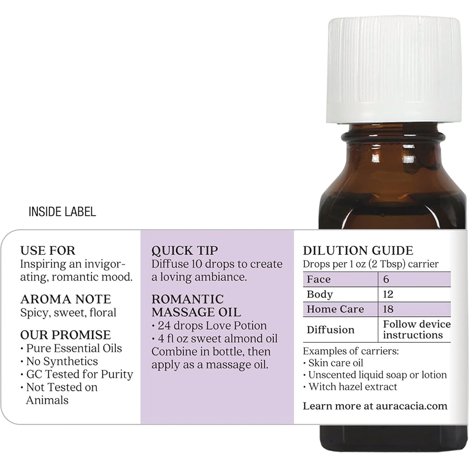 ARC045 | back label on amber essential oil bottle showing dilution guide, usage notes and romantic massage oil recipe