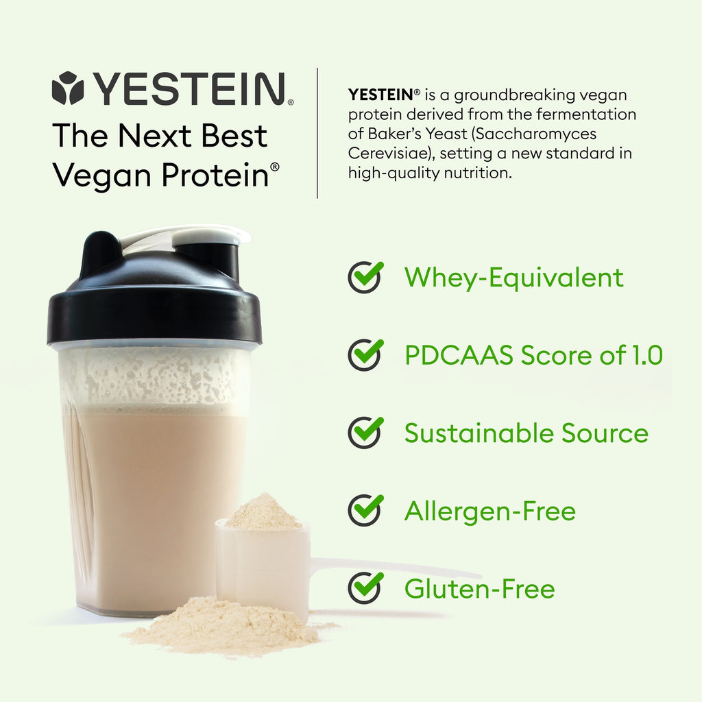 SW1919 | YESTEIN vegan protein infographic with shaker; Whey-Equivalent, PDCAAS 1.0, sustainable, allergen-free, gluten-free - Thumbnail