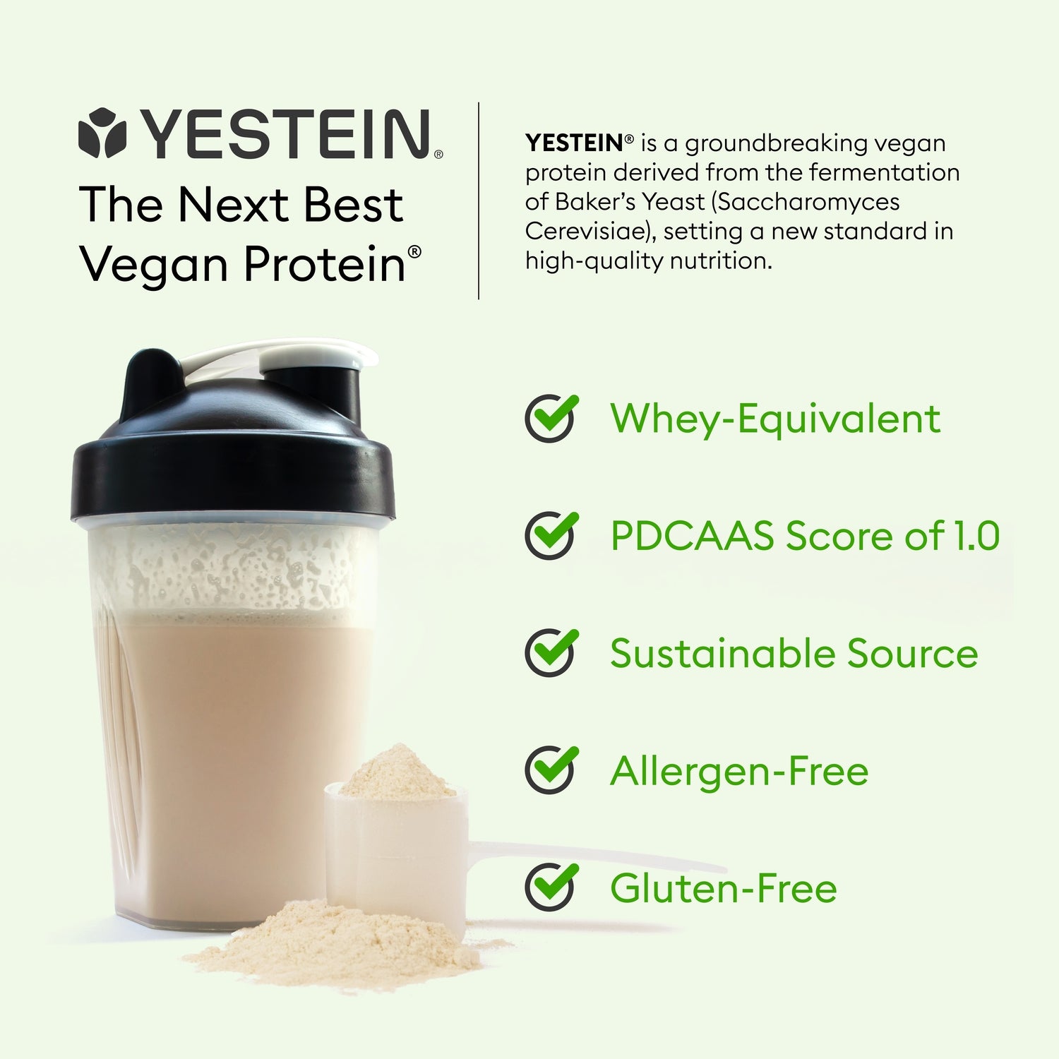 SW1919 | YESTEIN vegan protein infographic with shaker; Whey-Equivalent, PDCAAS 1.0, sustainable, allergen-free, gluten-free