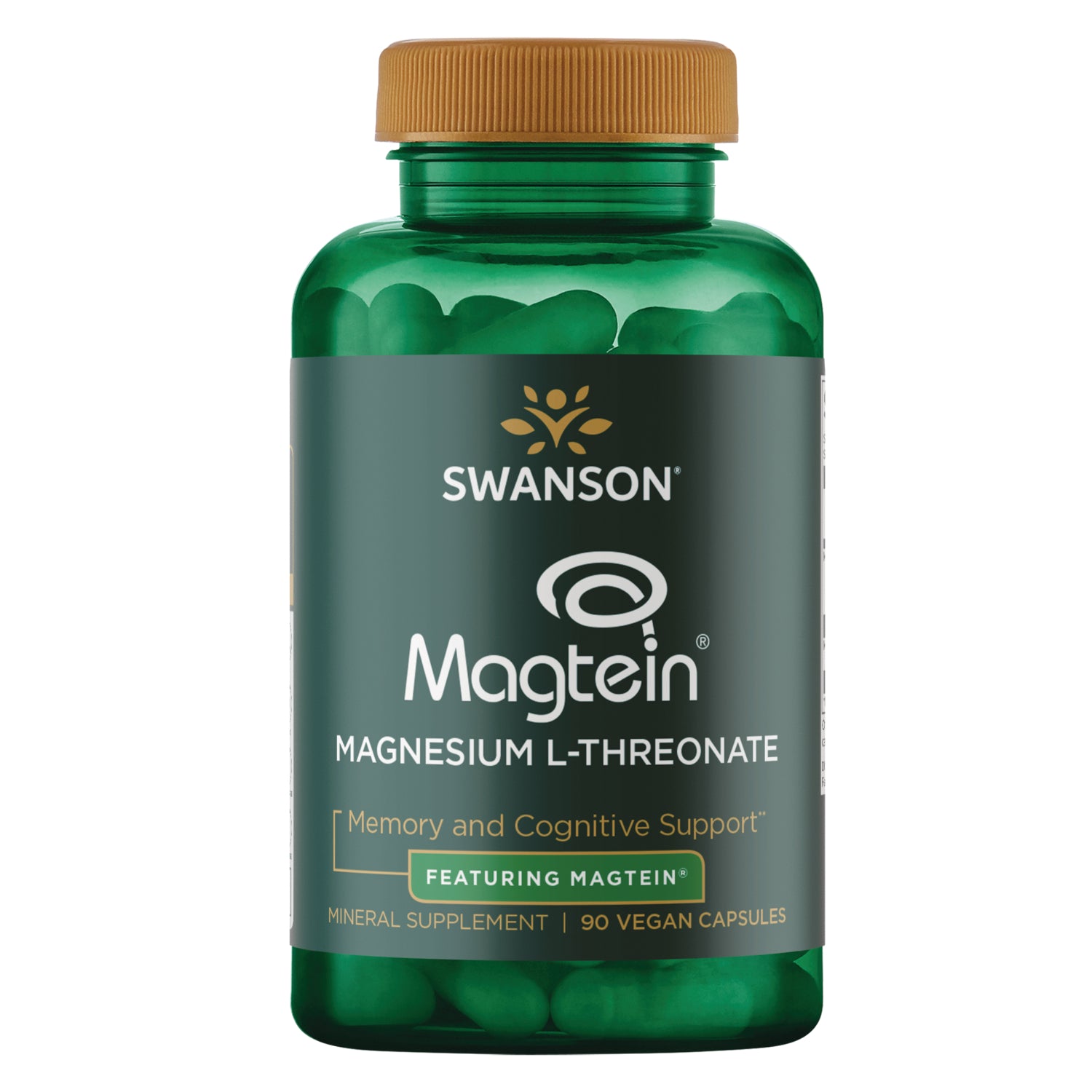 SWU700 | Four Swanson Magtein magnesium L-threonate bottles, front labels visible, 90 vegan capsules each || SWU700 | Three green Swanson Magtein Magnesium L-Threonate supplement bottles, 90 vegan capsules each || SWU700 | Two green Swanson Magtein magnesium L-threonate bottles, 90 vegan capsules each, front view
