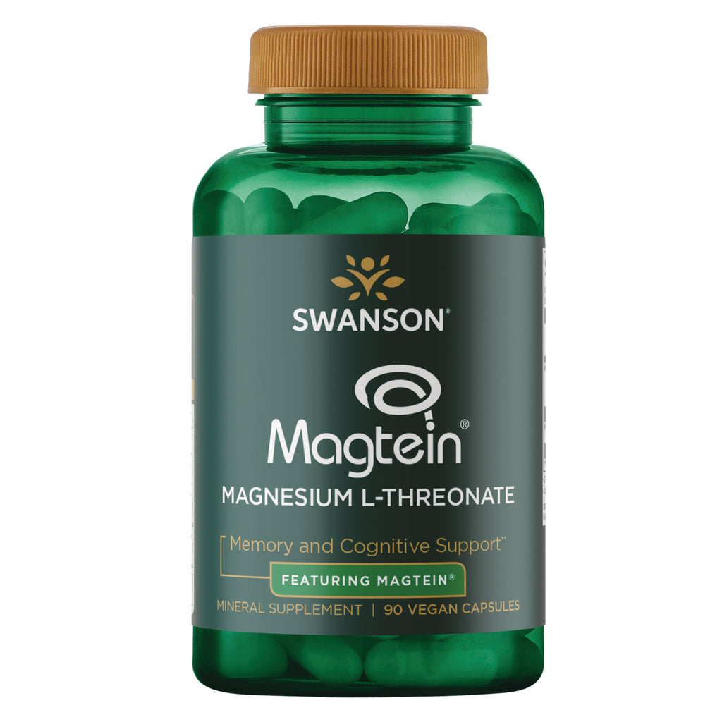 SWU700 | Four Swanson Magtein magnesium L-threonate bottles, front labels visible, 90 vegan capsules each || SWU700 | Three green Swanson Magtein Magnesium L-Threonate supplement bottles, 90 vegan capsules each || SWU700 | Two green Swanson Magtein magnesium L-threonate bottles, 90 vegan capsules each, front view - Thumbnail