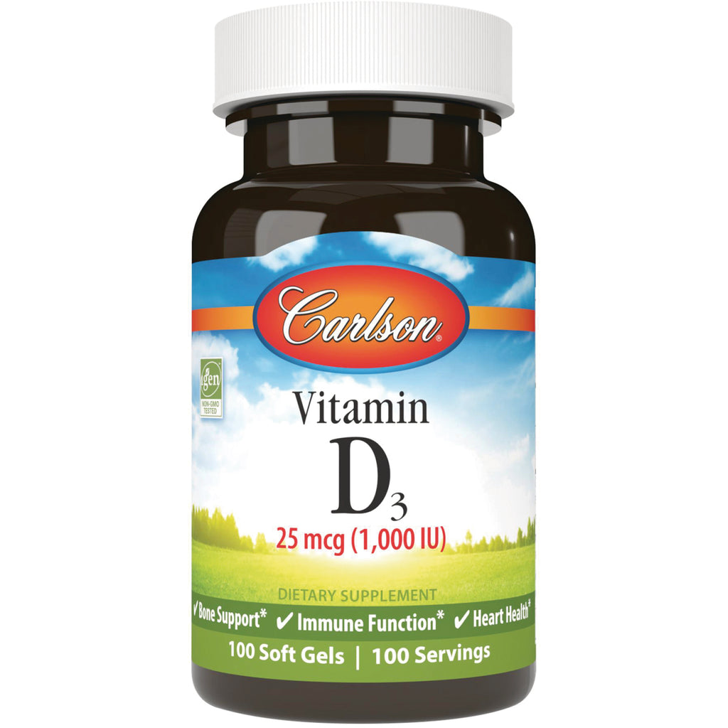 CSN024 | Carlson Vitamin D3 25 mcg (1,000 IU) dietary supplement bottle showing front label, 100 soft gels - Thumbnail