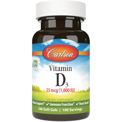 CSN024 | Carlson Vitamin D3 25 mcg (1,000 IU) dietary supplement bottle showing front label, 100 soft gels