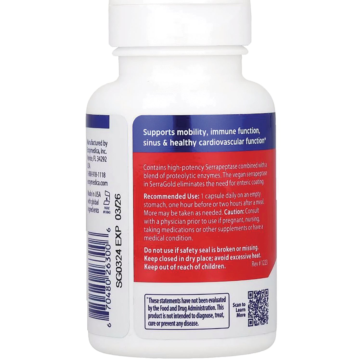 EMD024 | Back label of white supplement bottle showing recommended use, warnings, barcode and QR code