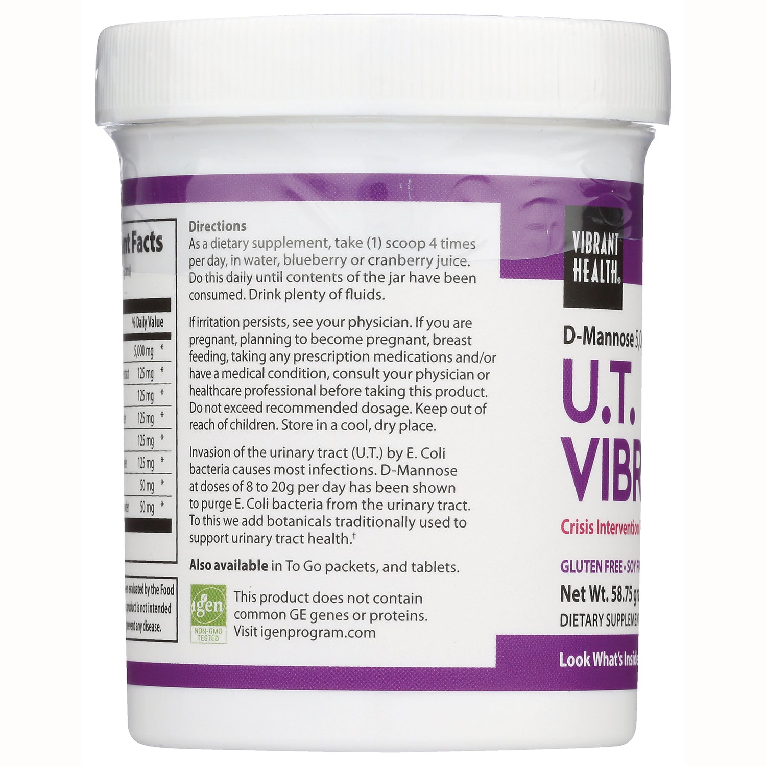 VH022 | Back label with directions and warnings for Vibrant Health U.T. Vibrance supplement