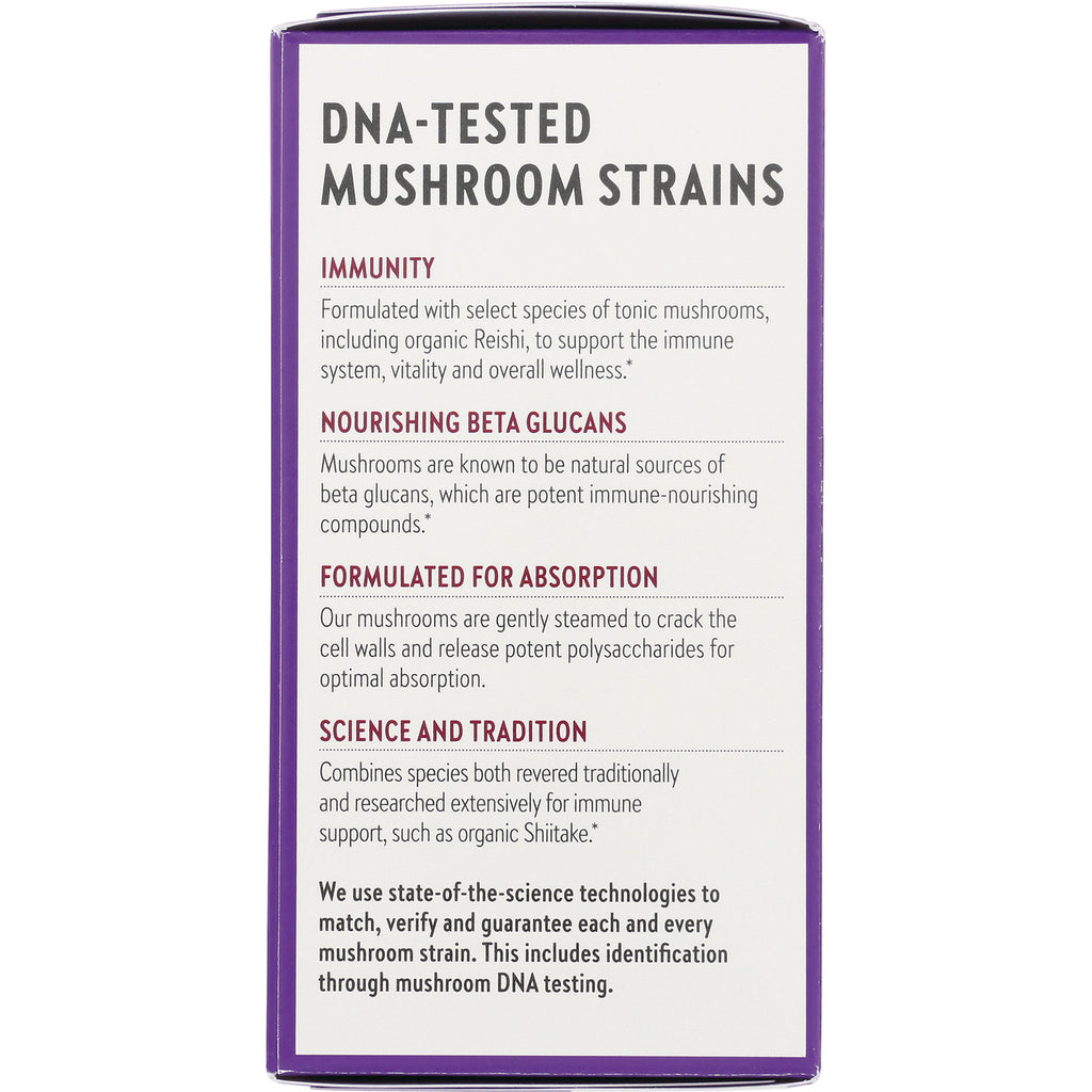 NWC314 | Product infographic panel listing DNA-tested mushroom strains and benefits: immunity, beta glucans, absorption, science and tradition - Thumbnail