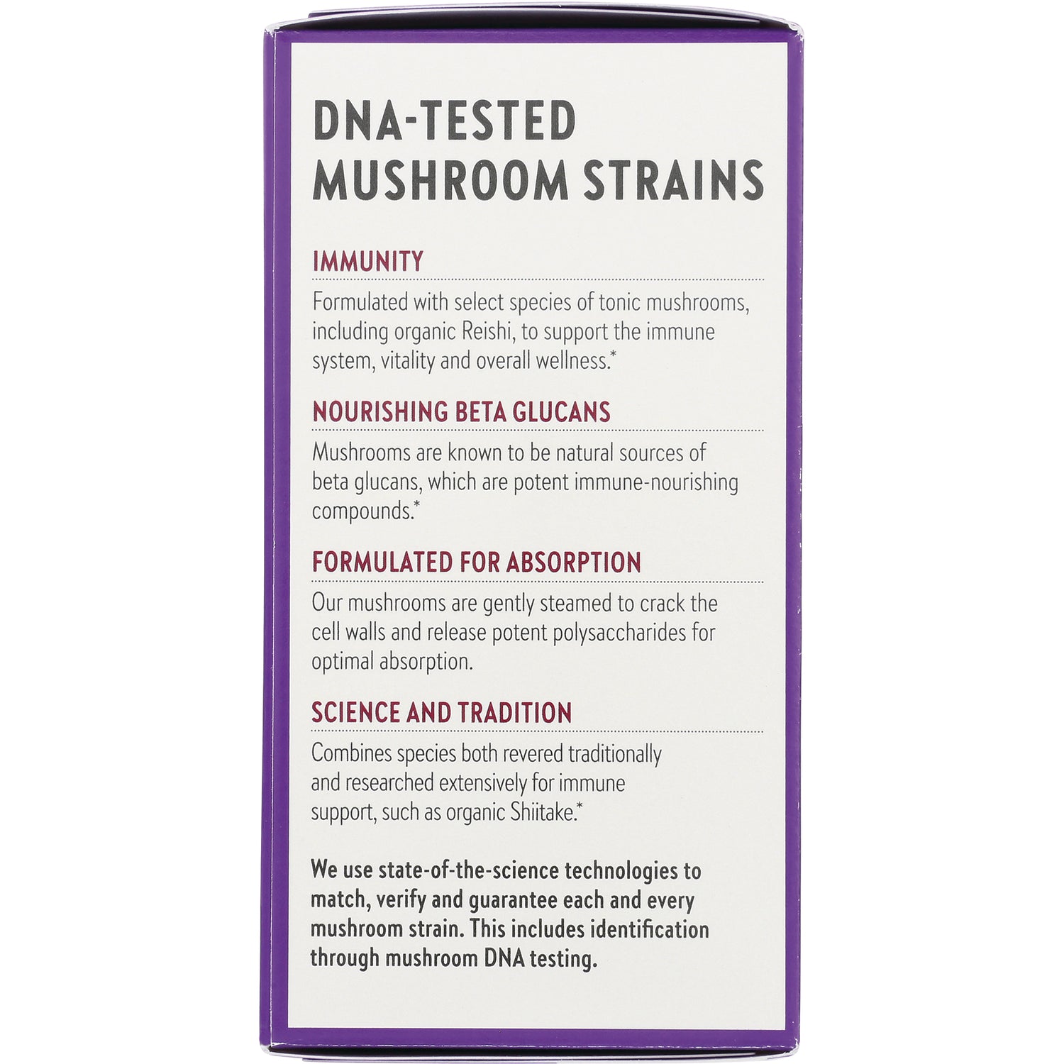 NWC314 | Product infographic panel listing DNA-tested mushroom strains and benefits: immunity, beta glucans, absorption, science and tradition
