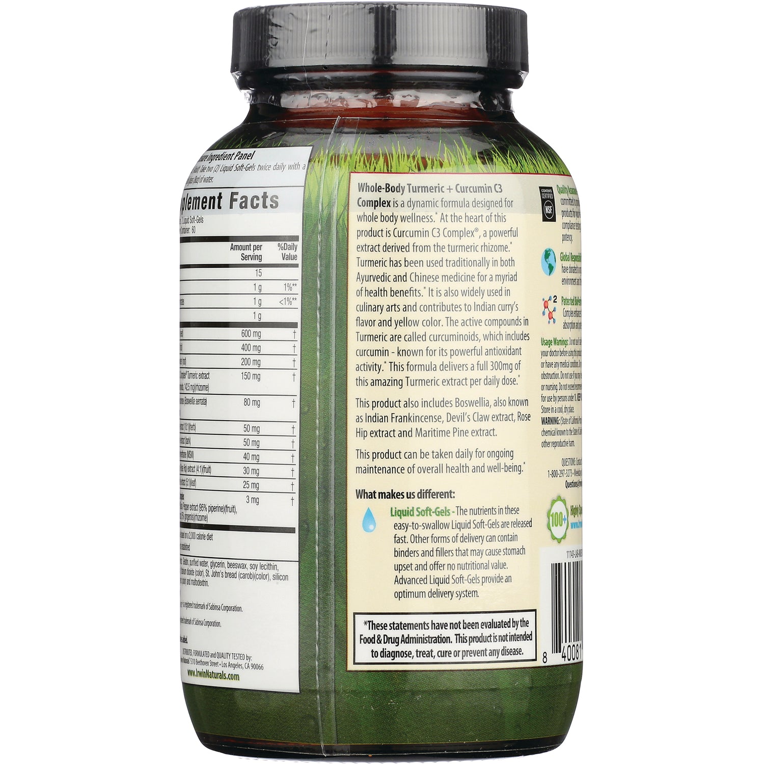 IR266 | Back of green supplement bottle showing supplement facts panel, product description, usage information and barcode