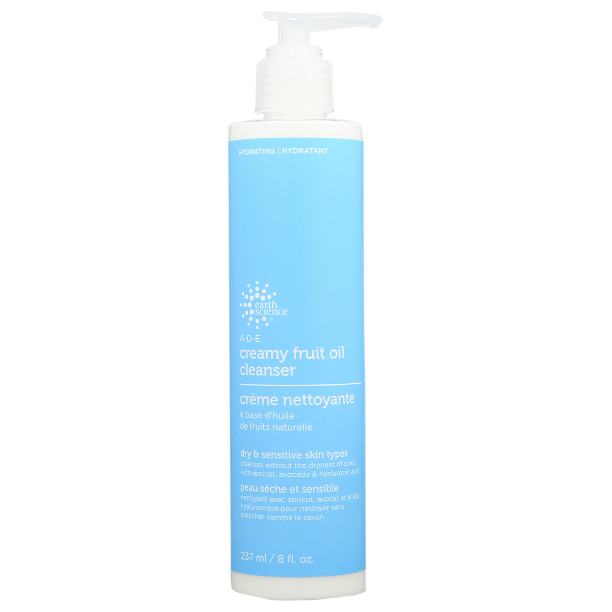 ERS001 | blue pump bottle labeled creamy fruit oil cleanser for dry and sensitive skin, 237 ml