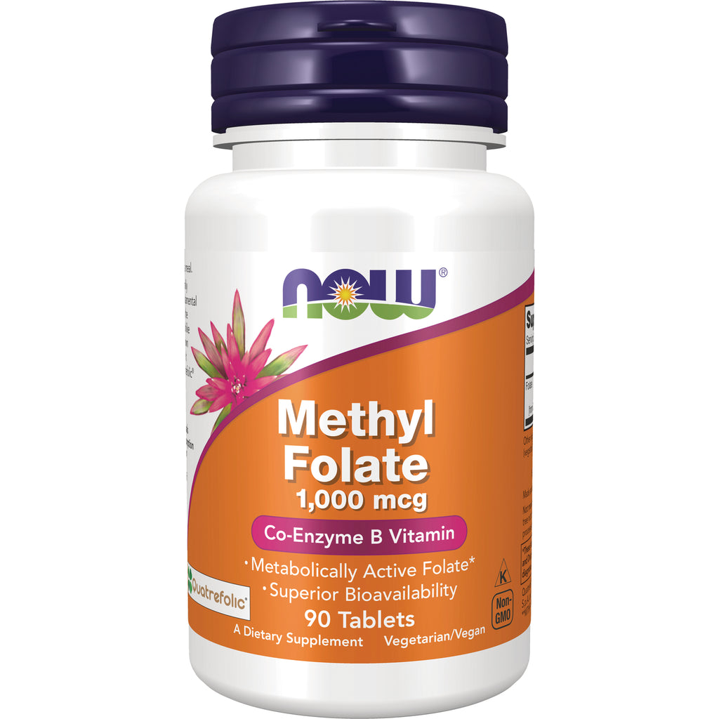 NWF1284 | NOW Methyl Folate 1,000 mcg supplement bottle with orange label, 90 tablets - Thumbnail