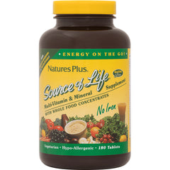 NTP035 | Nature's Plus Source of Life multivitamin and mineral supplement bottle with yellow label reading No Iron, 180 Tablets