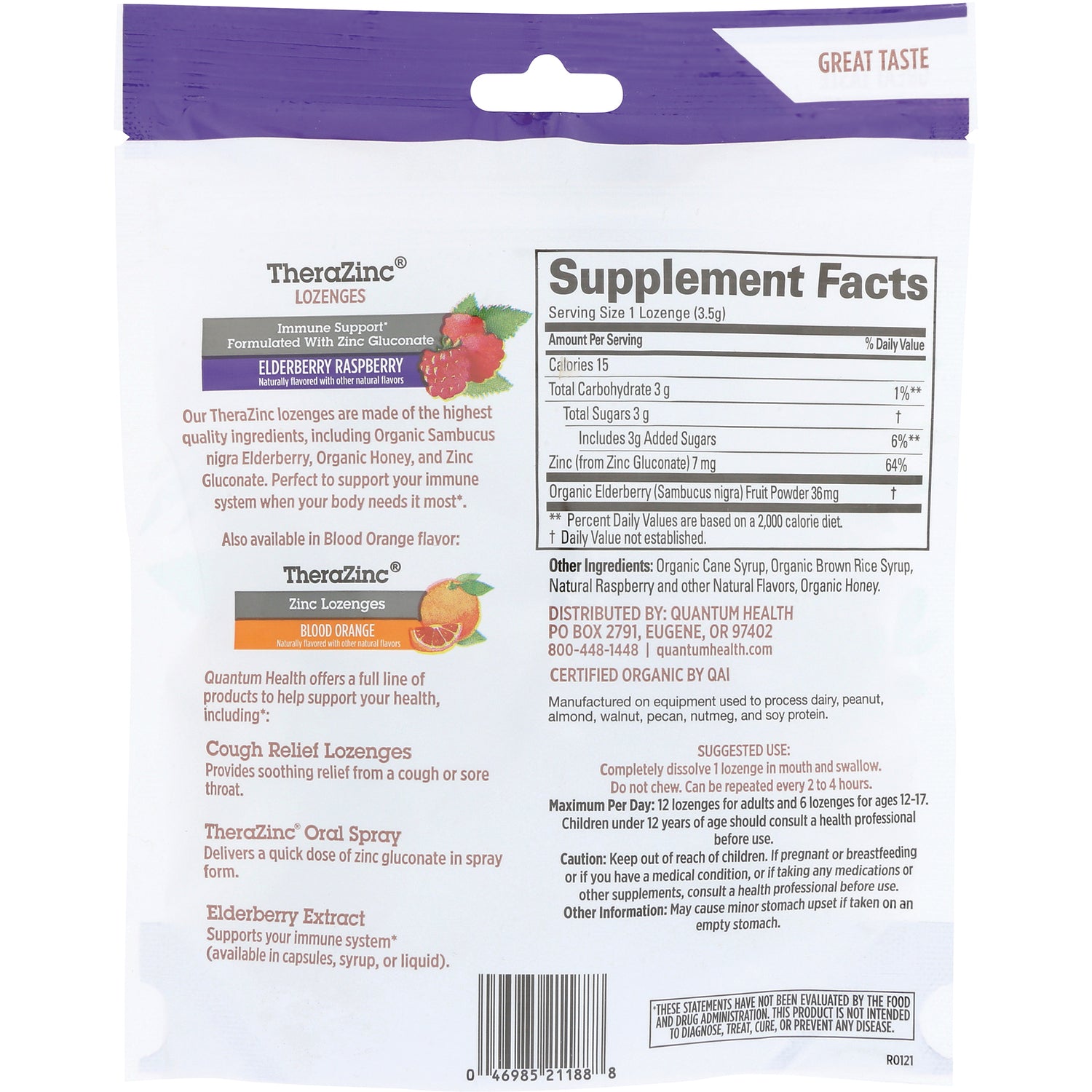 QU071 | Back of TheraZinc elderberry raspberry lozenges bag showing Supplement Facts, ingredients, directions and barcode