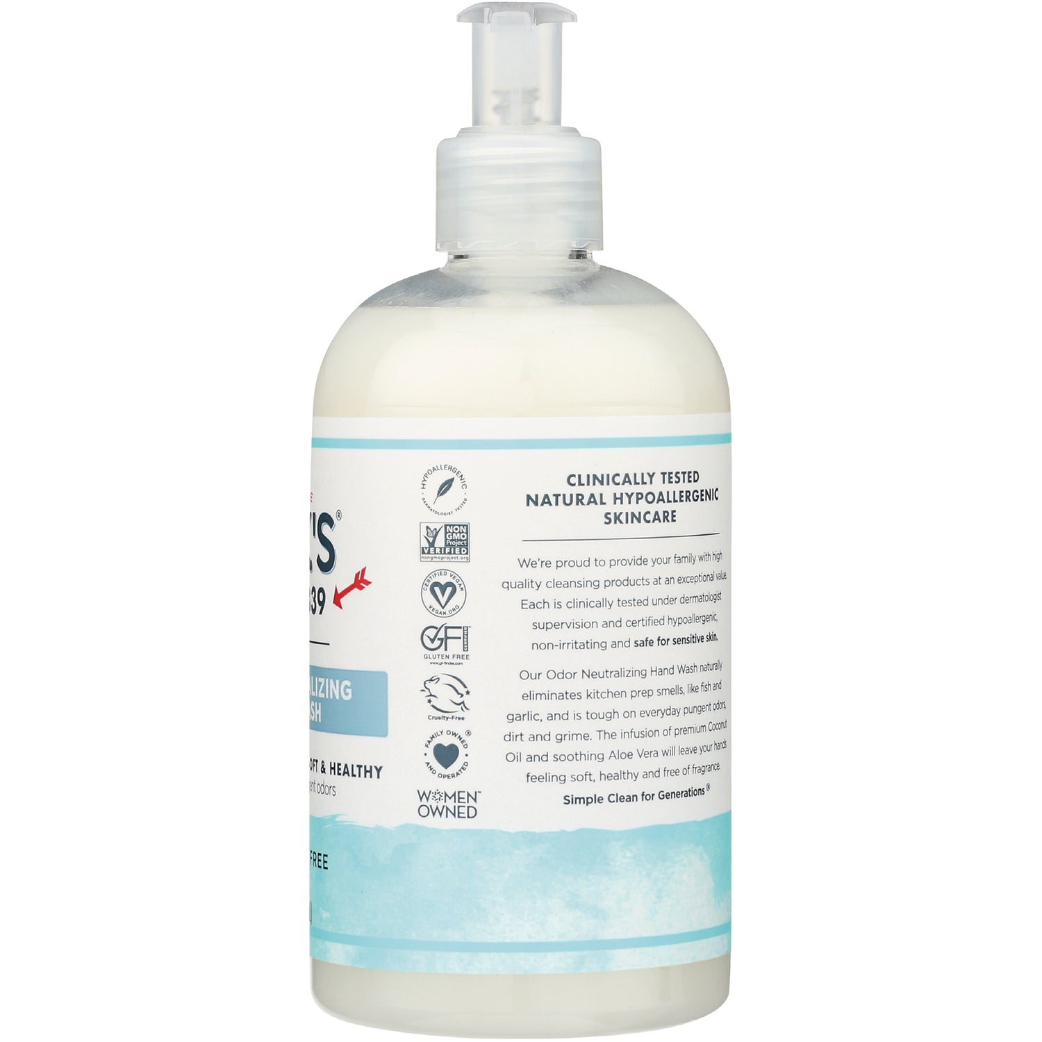 KIR019 | pump bottle back label reading Clinically tested natural hypoallergenic skincare with certification icons and product description