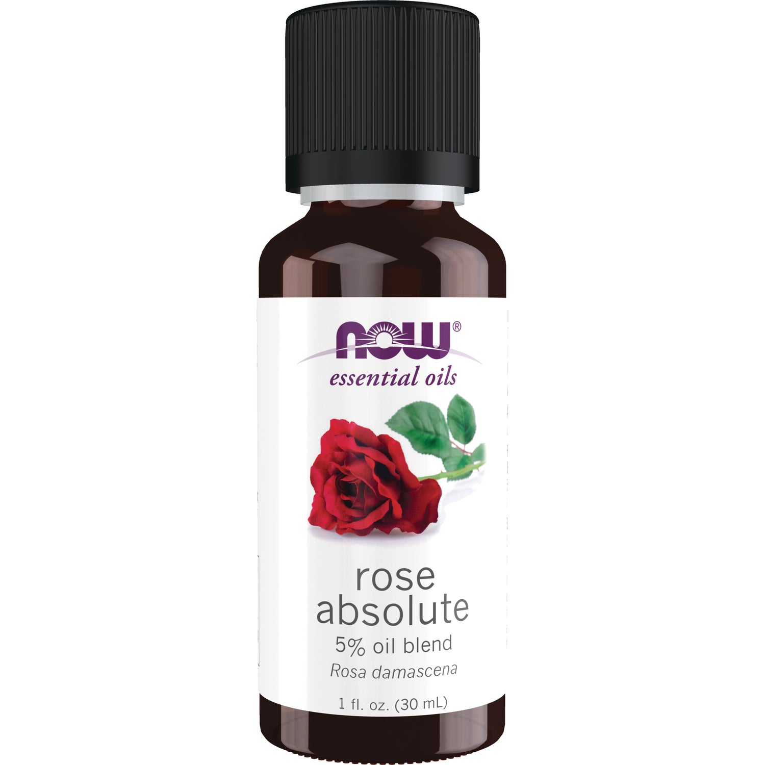 NWF508 | amber bottle with white label NOW essential oils rose absolute 5% oil blend 1 fl oz