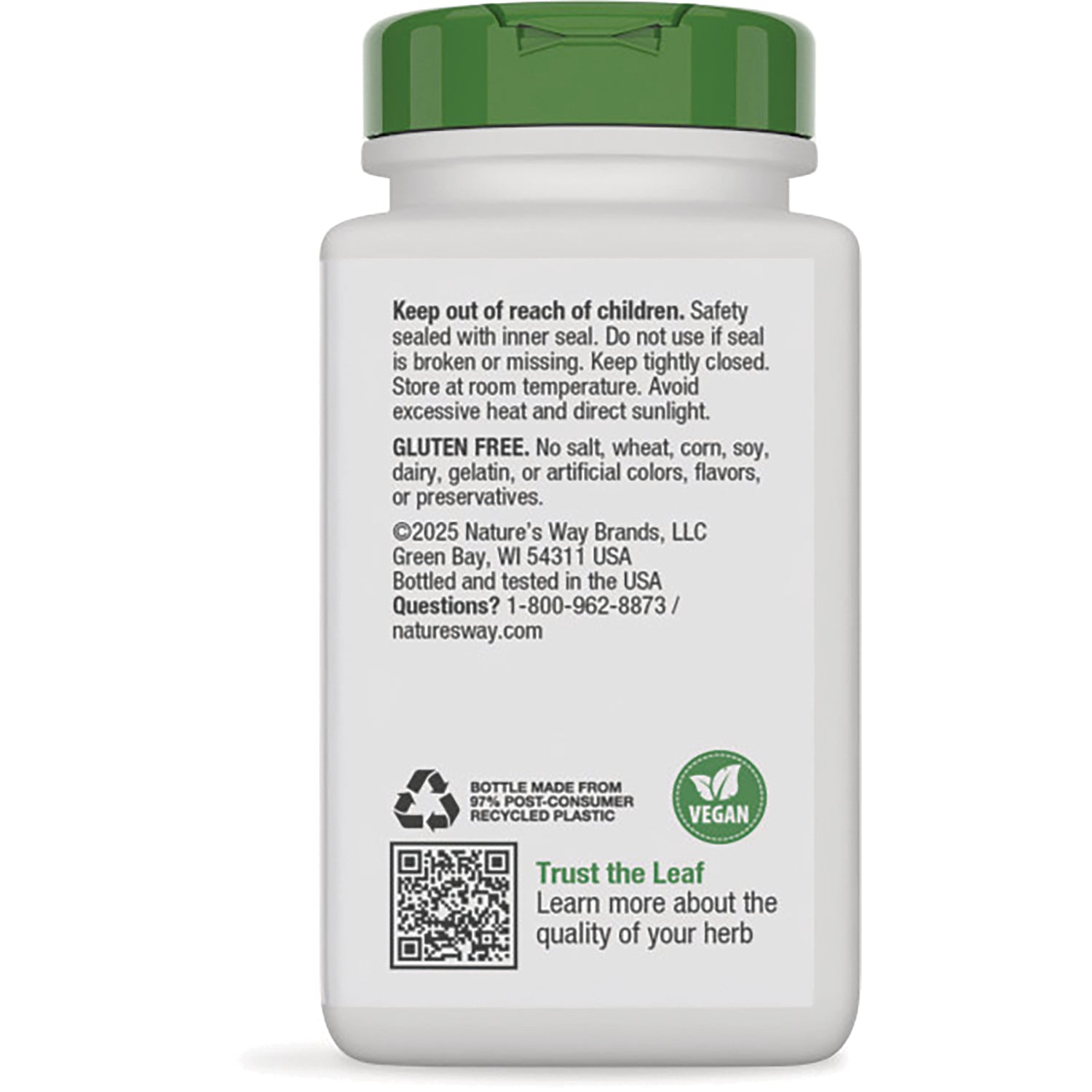NW049 | Back label of white supplement bottle showing storage instructions, gluten free and vegan icons, recycling symbol and QR code