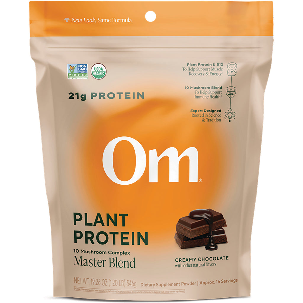 MMX049 | Om Master Blend plant protein creamy chocolate pouch front showing brand, protein amounts, and badge icons - Thumbnail
