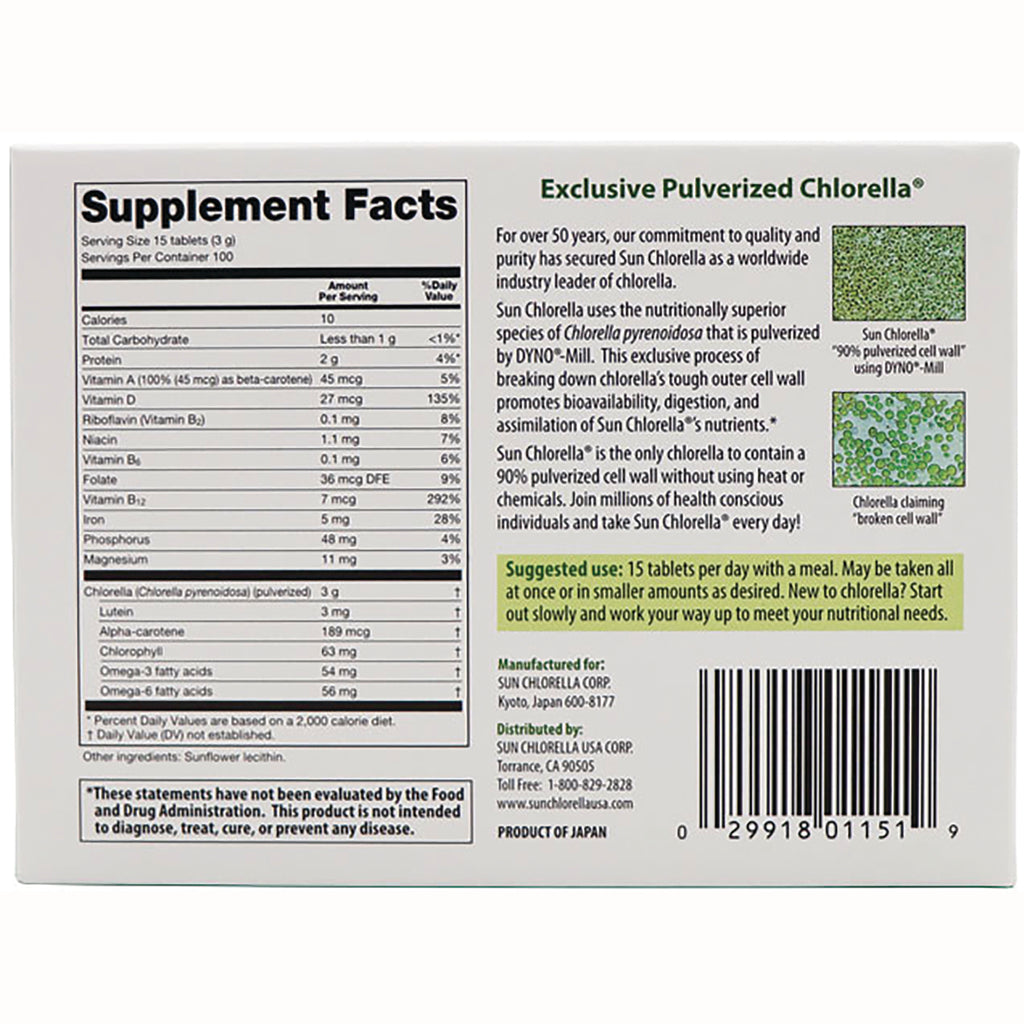SU007 | Back of Sun Chlorella packaging showing Supplement Facts, Exclusive Pulverized Chlorella info, suggested use, and barcode - Thumbnail