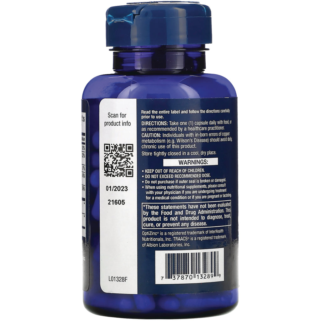 LE246 | Back of blue supplement bottle showing label with directions, warnings, QR code and barcode - Thumbnail