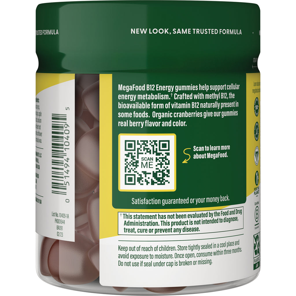 MGF104 | Back label of MegaFood B12 Energy gummies jar showing text, barcode, QR code labeled SCAN ME and visible gummies - Thumbnail