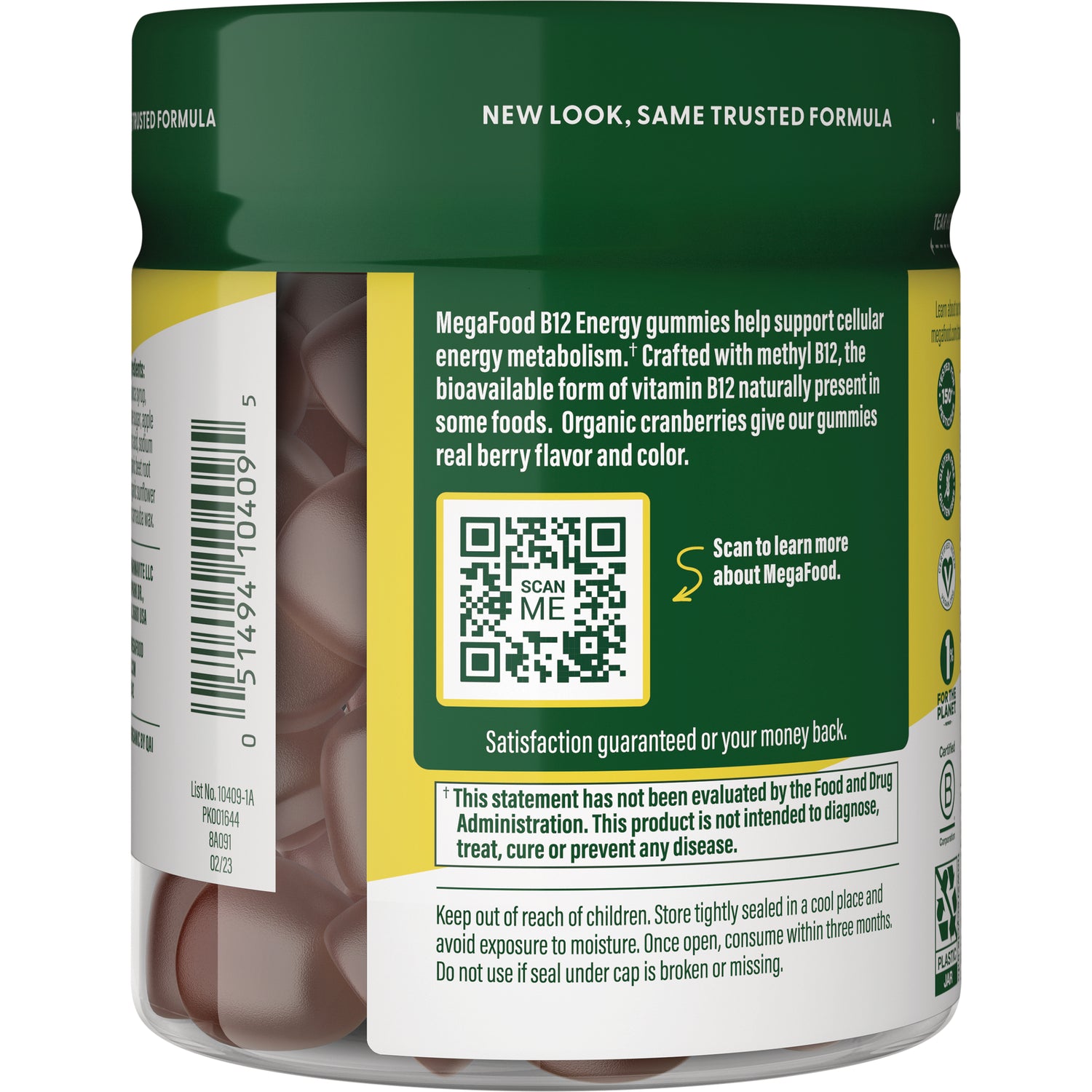 MGF104 | Back label of MegaFood B12 Energy gummies jar showing text, barcode, QR code labeled SCAN ME and visible gummies