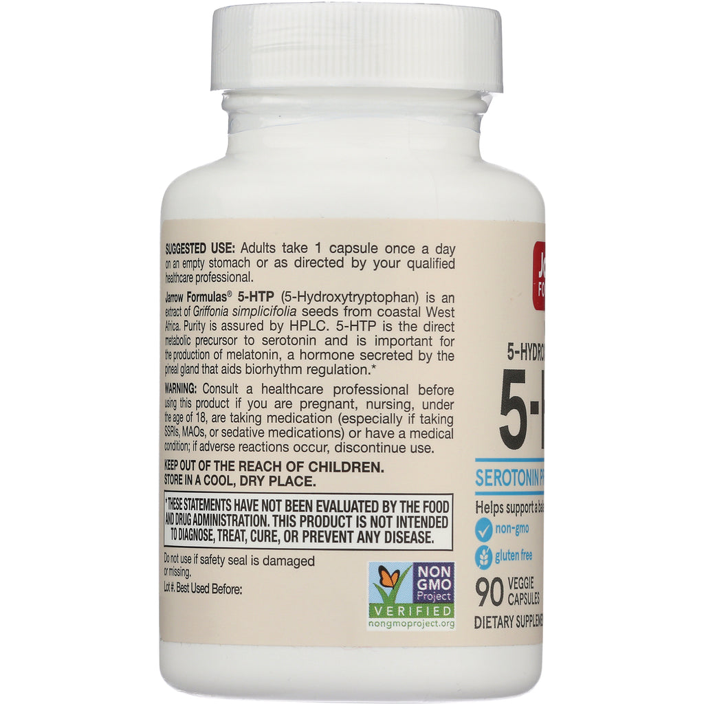 JR061 | Back label of 5-HTP supplement bottle showing suggested use, warnings, and non GMO verified logo - Thumbnail