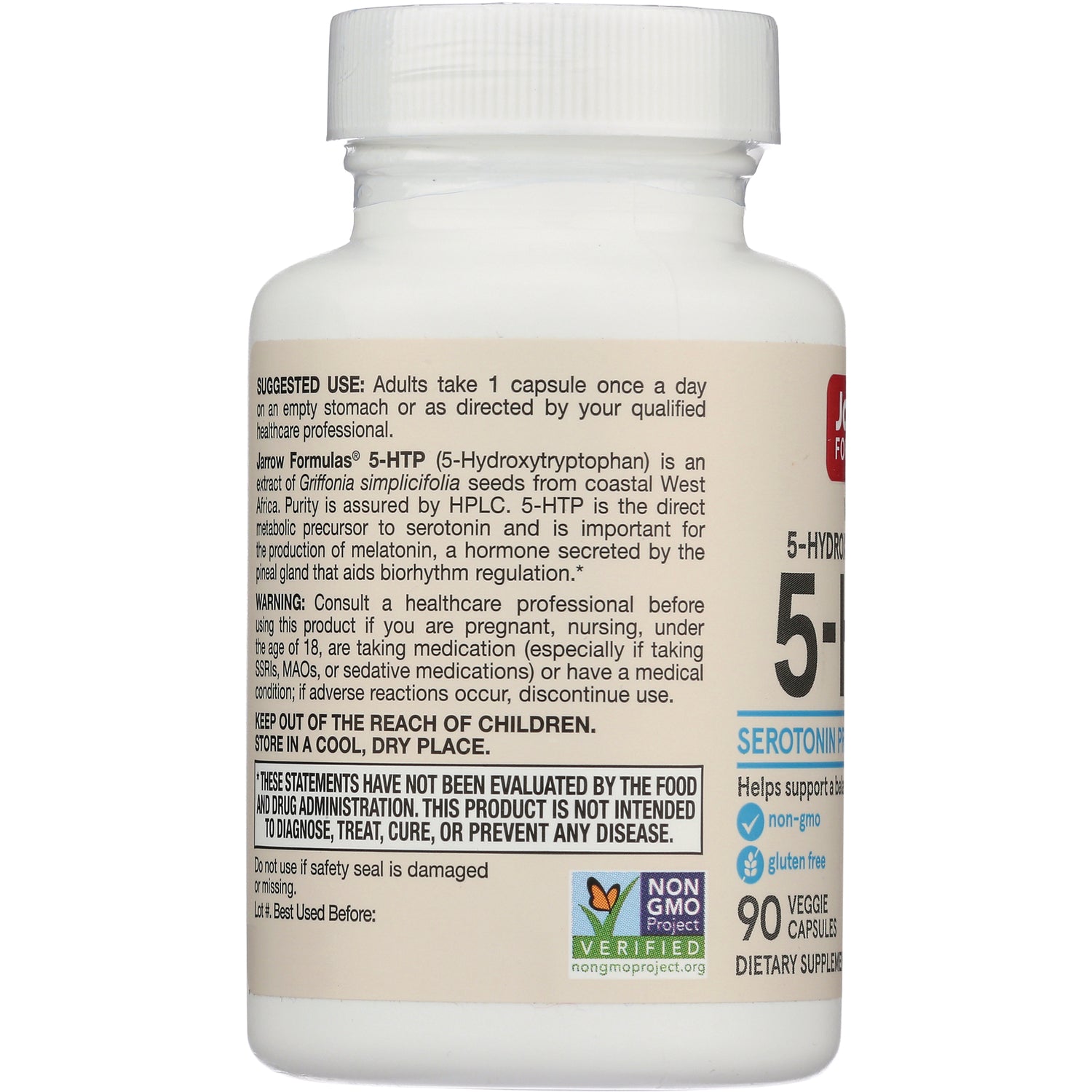 JR061 | Back label of 5-HTP supplement bottle showing suggested use, warnings, and non GMO verified logo