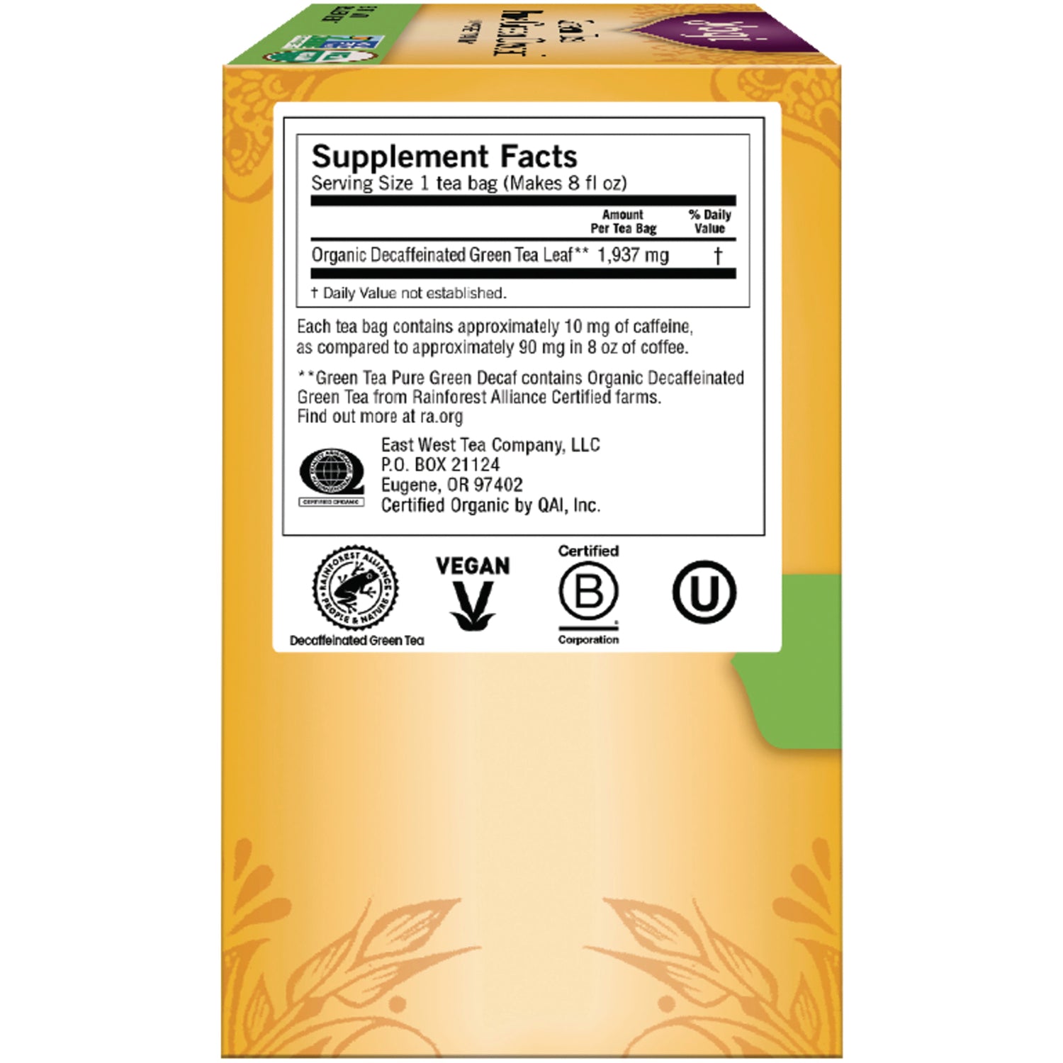 AHW017 | Back of tea box showing Supplement Facts panel, 'Organic Decaffeinated Green Tea Leaf 1,937 mg' and certification icons