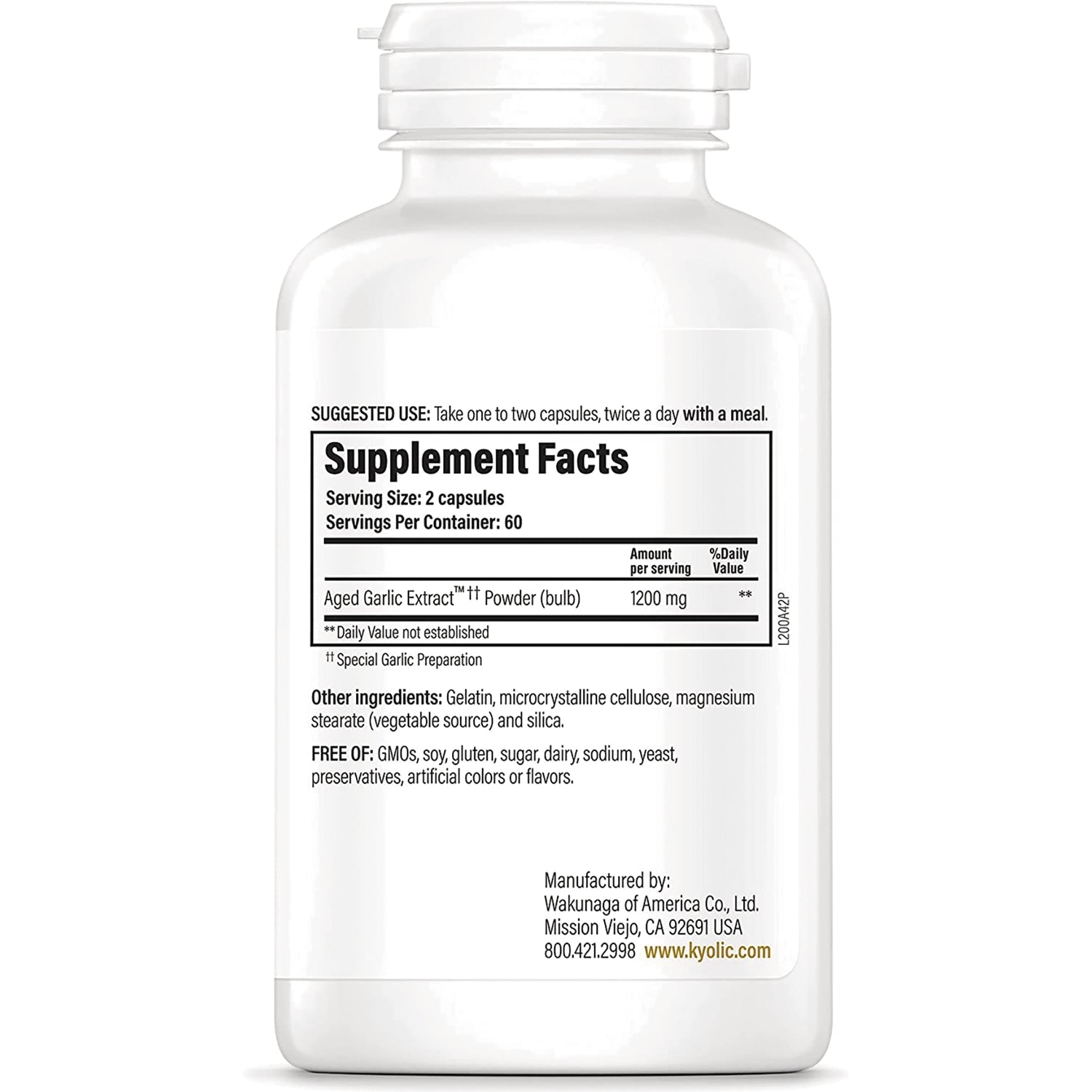 KY068 | Back of white supplement bottle showing Supplement Facts panel, serving size 2 capsules and Aged Garlic Extract 1200 mg